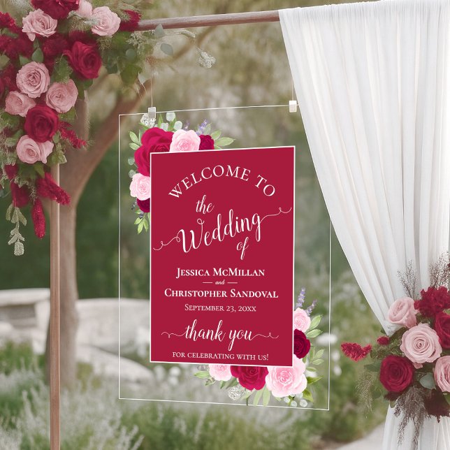 Panneau En Acrylique Elegant Magenta & Pink Boho Roses Wedding Welcome (Créateur téléchargé)
