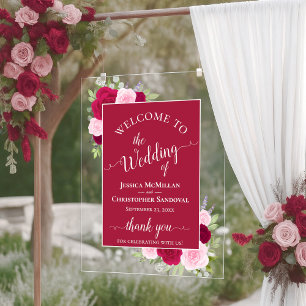 Panneau En Acrylique Élégant Magenta & Rose Boho Roses Mariage Bienvenu