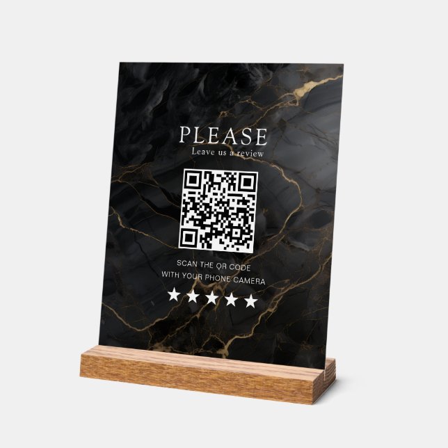 Panneau En Acrylique Élégant, Marbre-Noir-Or, Salon, QR-Code Review (Angle)