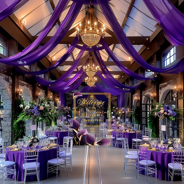 Panneau En Acrylique Élégant Mariage acrylique élégant violet Calla Lil (Stunning Purple Floral Calla Lily Script Wedding Welcome Sign)