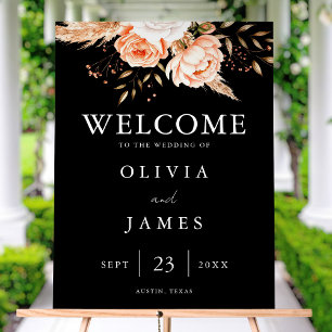 Panneau En Acrylique Elégant Mariage de automne Floral Noir Bienvenue
