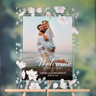 Panneau En Acrylique Élégant Mariage de bienvenue Photo Magnolia Floral