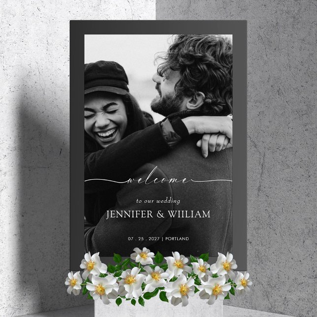 Panneau En Acrylique Élégant Mariage de calligraphie blanche Photo de b (Elegant White Calligraphy Wedding Welcome Photo Acrylic Sign)