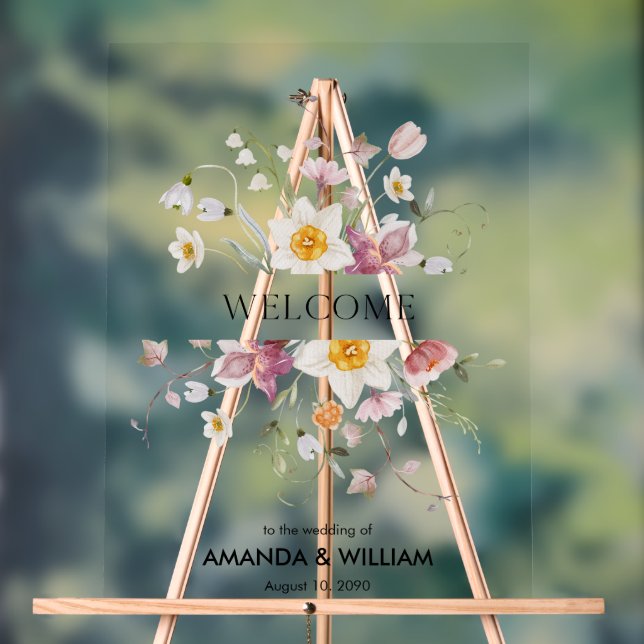 Panneau En Acrylique Elégant Mariage Floral Bienvenue (Neutre)