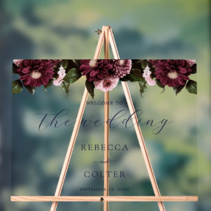 Panneau En Acrylique Élégant Mariage floral bordeaux bleu minuit