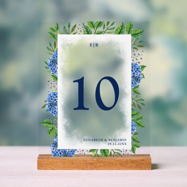 Panneau En Acrylique Élégant Mariage Monogramme Hydrangeas Bleu Or  (Neutre)