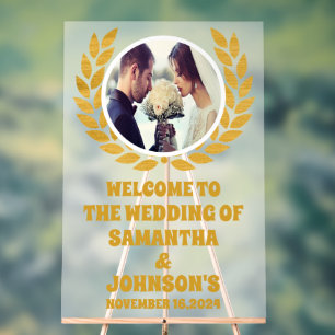 Panneau En Acrylique Elégant Mariage photo Gold Wreath Welcome Frosted
