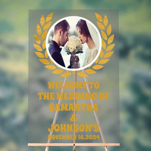 Panneau En Acrylique Elégant Mariage photo Gold Wreath Welcome Frosted (Neutre)