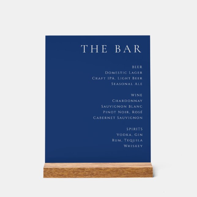 Panneau En Acrylique Élégant Menu de Bar Serif Bleu Marine (Recto)
