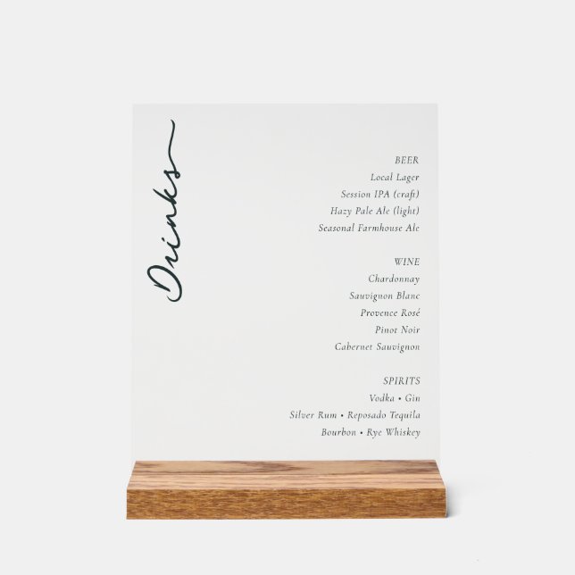 Panneau En Acrylique Elegant Minimalist Beverage Menu (Recto)