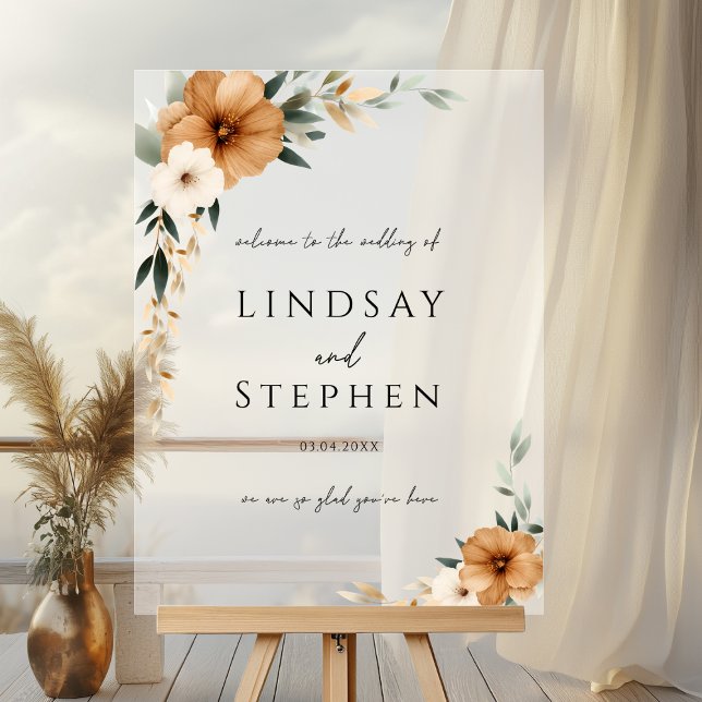 Panneau En Acrylique Elegant Monogram Copper Earthy White Wedding (Custom Elegant Monogram Copper Earthy Botanical Wedding Acrylic Sign with your Names & Date)