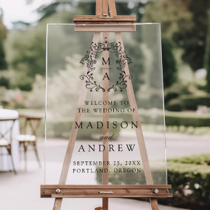 Panneau En Acrylique Élégant Monogramme Crête Mariage Bienvenue
