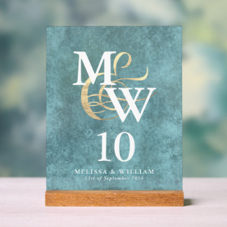 Panneau En Acrylique Élégant Monogramme de verre marin Numéro de table 