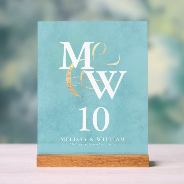 Panneau En Acrylique Élégant Monogramme de verre marin Numéro de table  (Neutre)