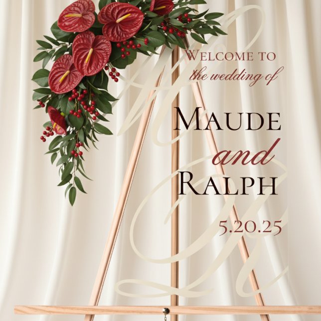 Panneau En Acrylique Élégant Monogramme Rouge de Bienvenue de Mariage (Welcome guests in timeless style with this Old Money Bold Red Clear Acrylic Wedding Welcome Sign!)