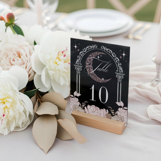 Panneau En Acrylique Elegant Moon Stars Floral Quinceañera Table Number (Elegant Moon Stars Floral Quinceañera Table Number Acrylic Sign)
