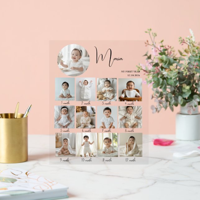 Panneau En Acrylique Elegant My First Year Collage Custom Photo (Mariage)