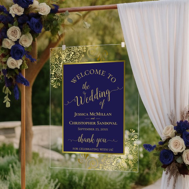 Panneau En Acrylique Elegant Navy Blue & Gold Wedding Welcome (Créateur téléchargé)