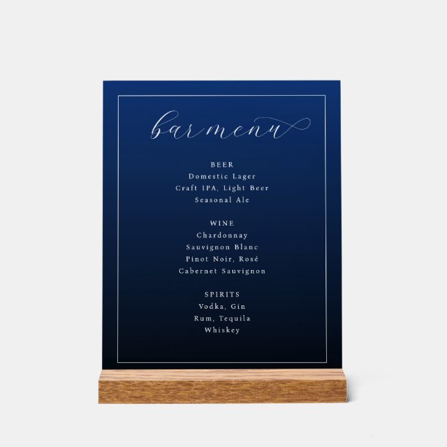 Panneau En Acrylique Elegant Navy Blue Typographic Bar Menu (Recto)
