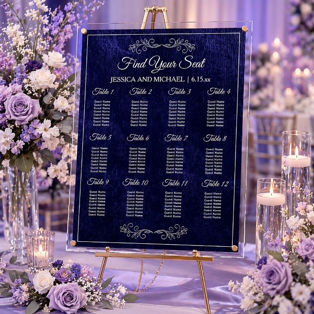 Panneau En Acrylique Elegant Navy Blue Wedding Seating Chart  (Elegant navy blue velvet acrylic wedding seating chart)