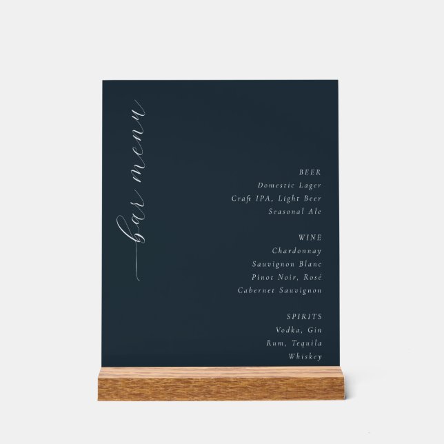 Panneau En Acrylique Elegant Navy Minimalist Bar Menu (Recto)