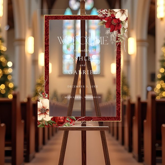 Panneau En Acrylique Élégant Noël Rouge Damas Floral (Créateur téléchargé)