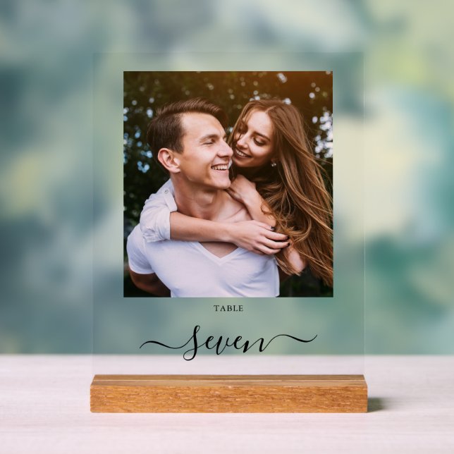 Panneau En Acrylique Élégant noir Script photo numéro de table (Neutre)