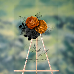 Panneau En Acrylique Elégant orange et noir Mariage gothique Bienvenue