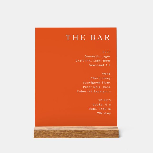 Panneau En Acrylique Elegant Orange Serif Bar Menu (Recto)
