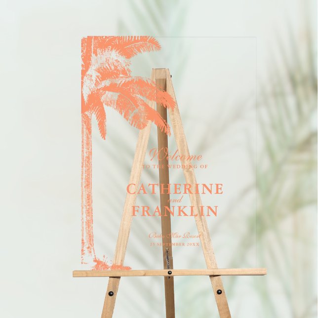 Panneau En Acrylique Elégant Palm Tree Mariage tropical Bienvenue (Vintage Boho Tropical Palm Photo Clear Acrylic Wedding Welcome Sign)