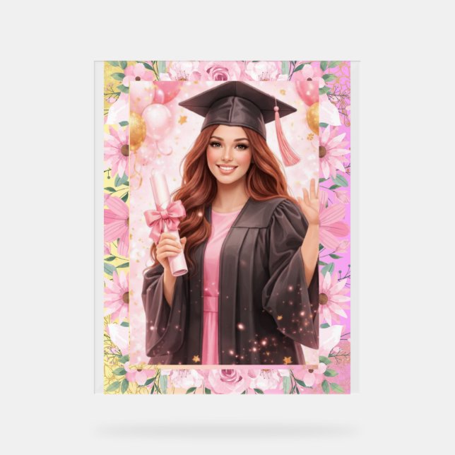 Panneau En Acrylique Elegant Pink Floral Graduation Party Invitation (Recto)