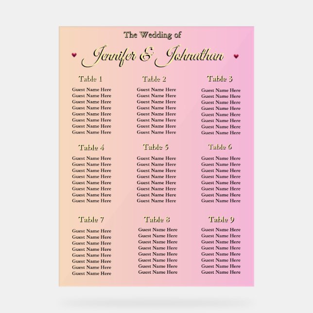 Panneau En Acrylique Elegant Pink Red Hearts Wedding Seating Chart (Recto)