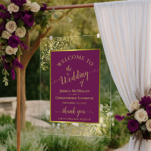 Panneau En Acrylique Élégant Plum Magenta Et Or Mariage Bienvenue