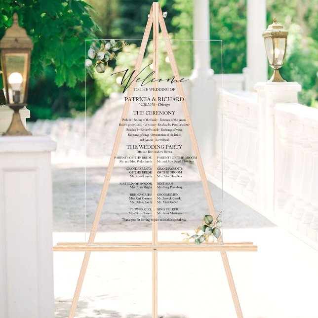 Panneau En Acrylique Élégant programme de mariage Gold Greenery (Créateur téléchargé)