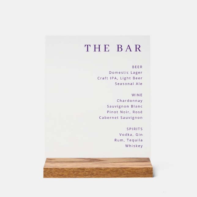 Panneau En Acrylique Elegant Purple Serif Bar Menu (Recto)