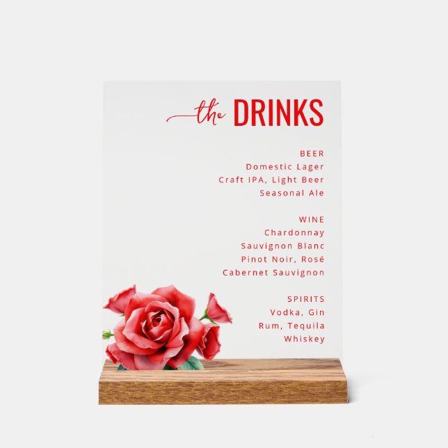 Panneau En Acrylique Elegant Red Floral Beverage Menu (Recto)