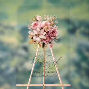 Panneau En Acrylique Elégant rose et or Mariage Floral Bienvenue