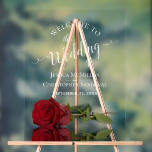 Panneau En Acrylique Élégant Rose Rouge Texte Blanc Mariage Bienvenue