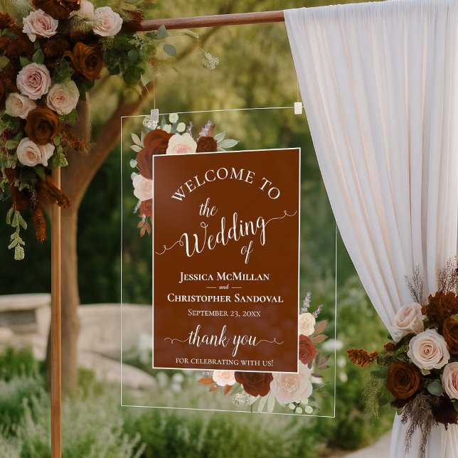 Panneau En Acrylique Elegant Rust Orange Boho Roses Wedding Welcome (Créateur téléchargé)