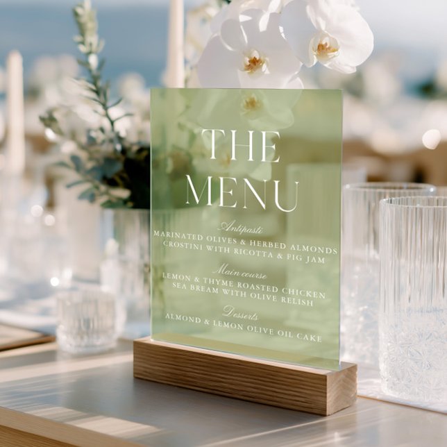 Panneau En Acrylique Élégant Sage Vert Acrylique Mariage Menu Signe (Elegant Sage Green Acrylic Wedding Menu Sign)