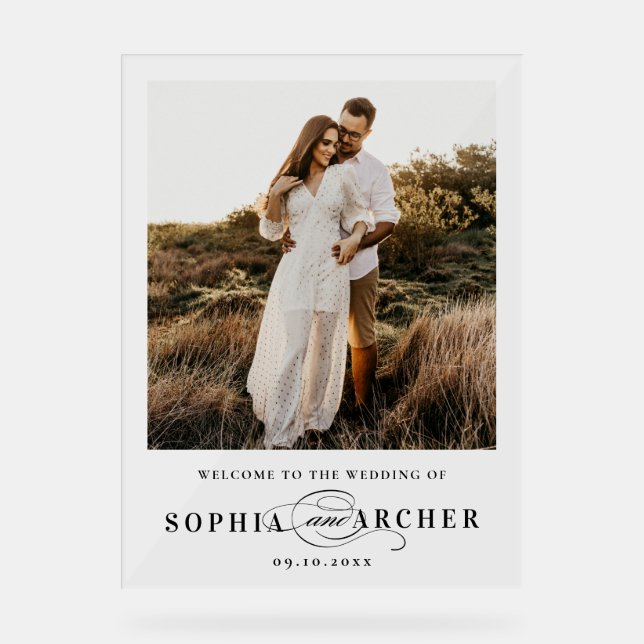 Panneau En Acrylique Elegant Script Black and White Wedding Welcome (Recto)