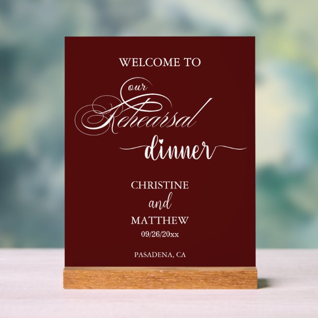 Panneau En Acrylique Élégant Script Bordeaux Dîner de Répétition Bienve (Neutre)