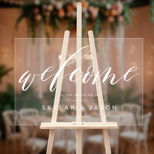Panneau En Acrylique Élégant script de calligraphie Mariage de bienvenu (Elegant Calligraphy Script White Welcome Wedding Acrylic Sign)