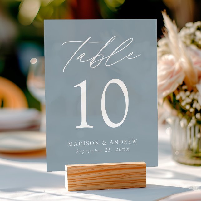 Panneau En Acrylique Élégant Script Dusty Blue Mariage Numéro de table (Please note: The wooden stand does not come with the sign. Zazzle sells a wood block stand.)
