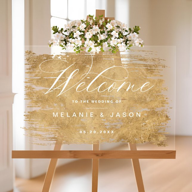Panneau En Acrylique Élégant Script Faux Gold brossé Mariage d'accueil (Elegant Script Faux Gold Brushed Welcome Wedding Acrylic Sign)