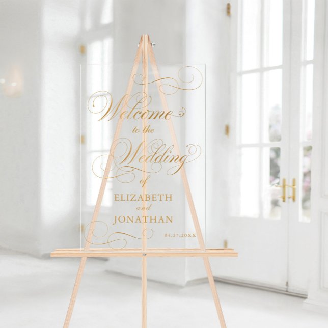 Panneau En Acrylique Élégant Script Faux Gold Mariage Bienvenue (Elegant Script Faux Gold Wedding Welcome Acrylic Sign)