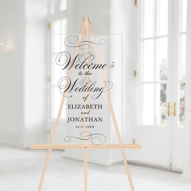 Panneau En Acrylique Élégant script formel Mariage noir Bienvenue (Elegant Formal Script Black Wedding Welcome Acrylic Sign)