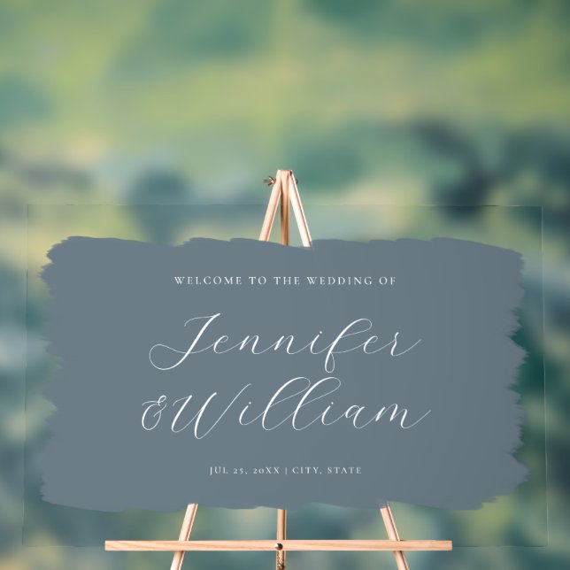 Panneau En Acrylique Élégant Script Mariage Welcome Paint Dusty Blue (Neutre)