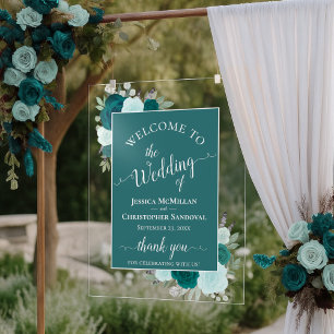 Panneau En Acrylique Élégant Teal & Aqua Boho Roses Mariage de Bienvenu