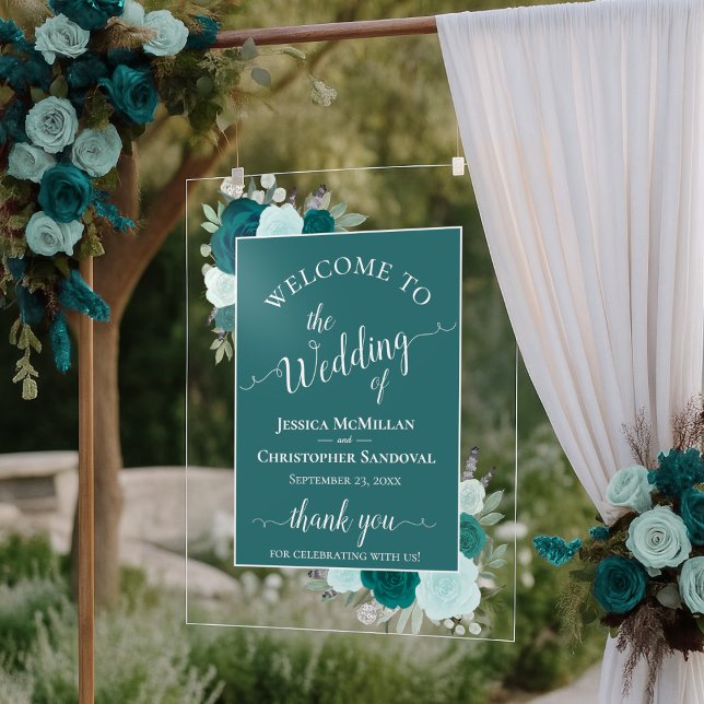 Panneau En Acrylique Elegant Teal & Aqua Boho Roses Wedding Welcome (Créateur téléchargé)